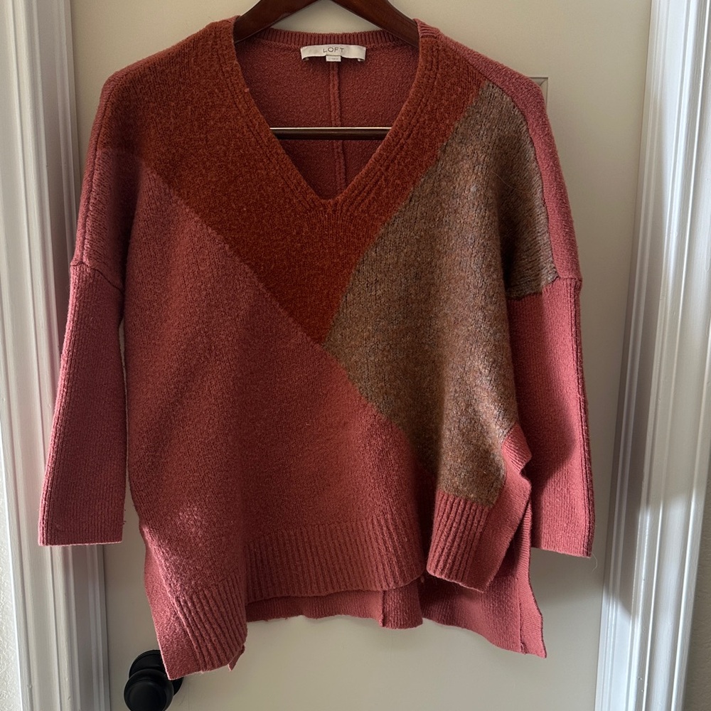 LOFT Colorblock V-Neck Sweater in Pink and Brown
